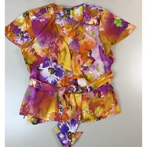 Lauren Ralph Lauren Silk Floral Wrap Top 12 Ruffle Crossover Tie Maximalist Arts